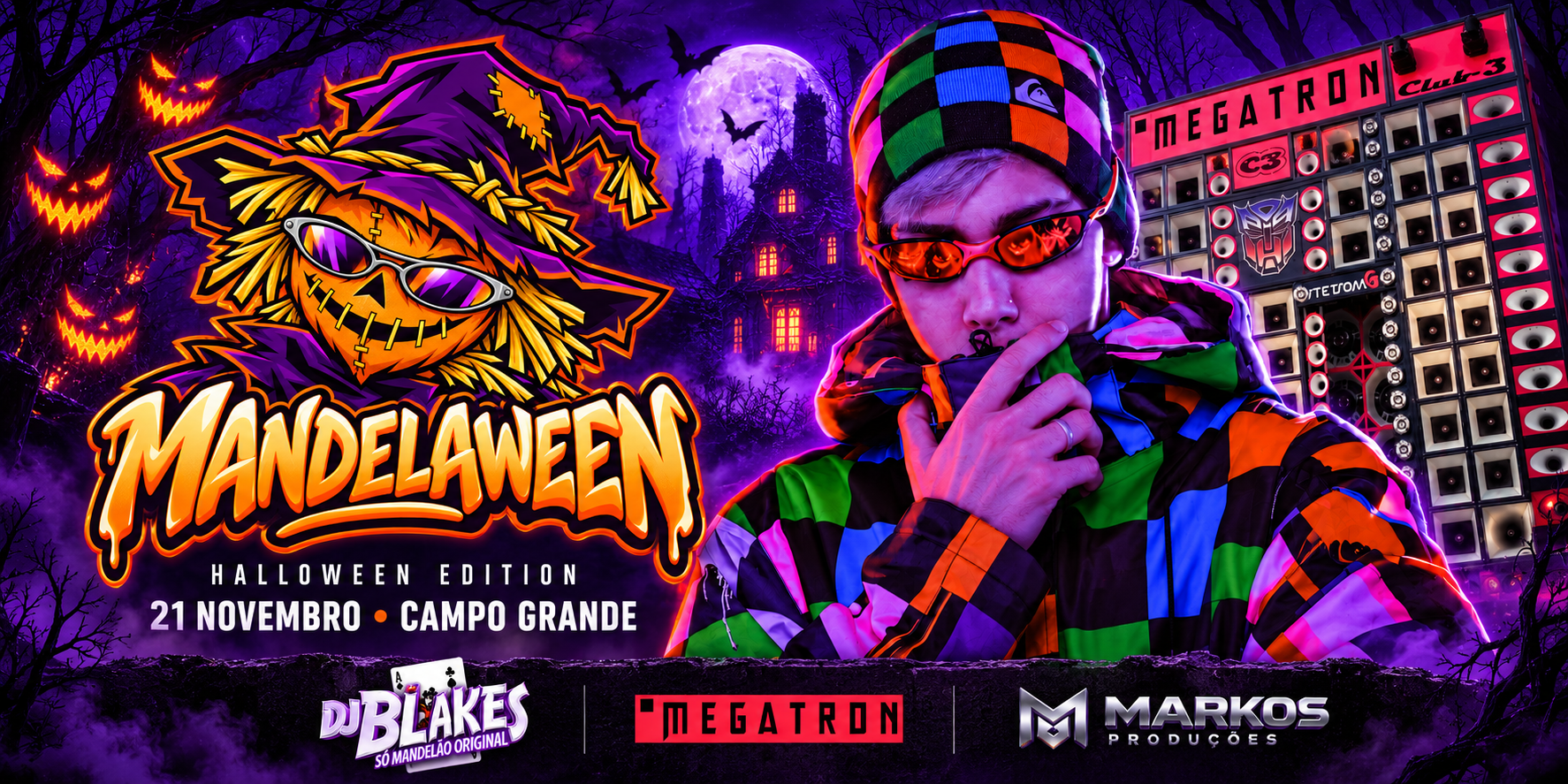 Mandelaween, DJ Blakes, paredão Megatron e Markos Produções — 21 de novembro em Campo Grande